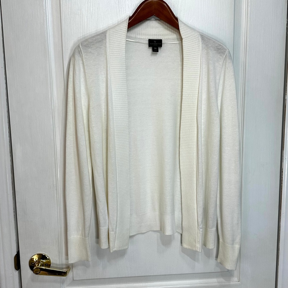 Worthington Petite Cream Open Front Cardigan Sweater PM Off White Ribbed Knit - Picture 2 of 8